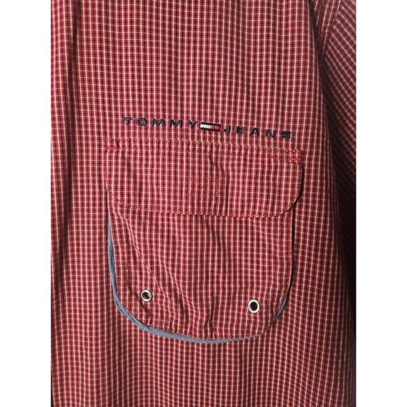 Tommy Hilfiger Jeans Men's Size XL Short Sleeve Button Front Shirt Red Check Y2K - Picture 2 of 7